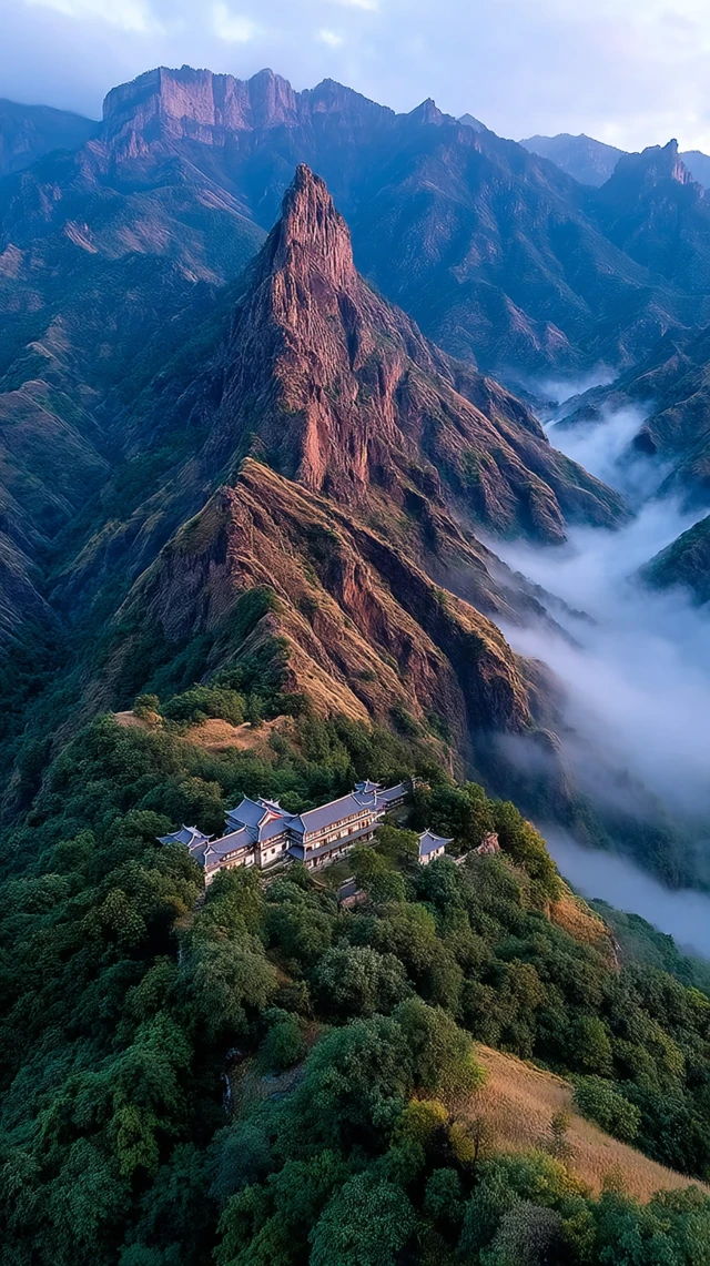 Aerial Mountain View Southwest China Misty Peaks