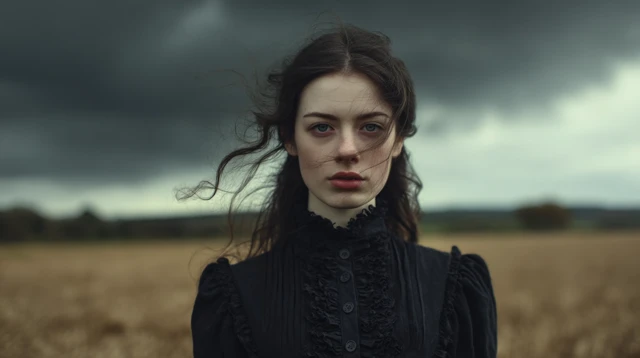 Victorian Woman In Field Stormy Day