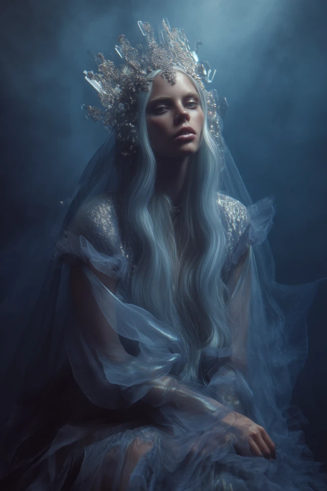 Dreamlike Queen in Silver Gown and Antique Crown