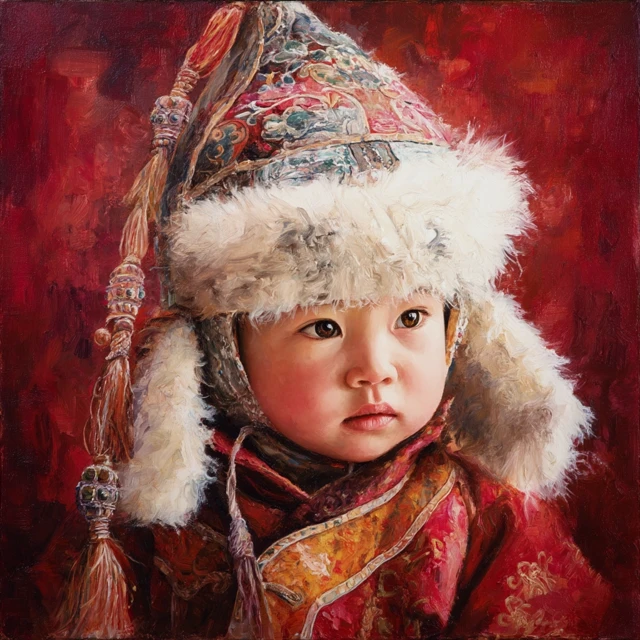 Mongolian Baby Portrait In Traditional Attire