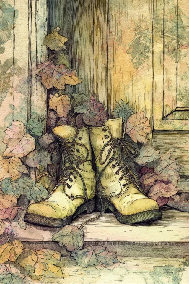 Vintage Boots and Autumn Leaves Watercolor Art