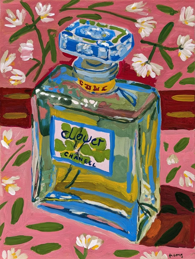 Clover Perfume Bottle Illustration CHANEL Style