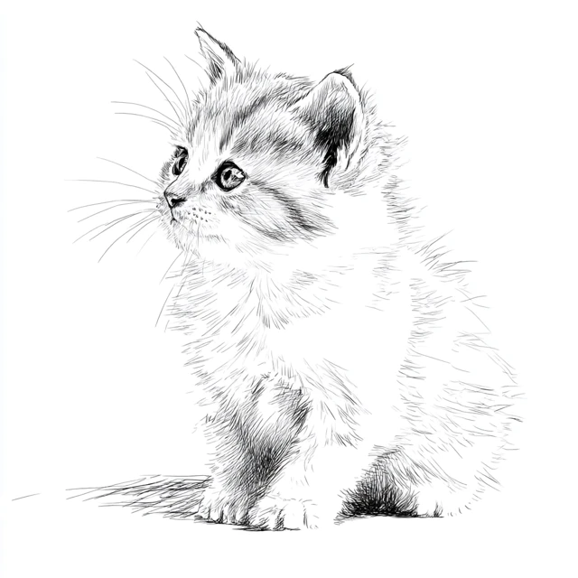 Cute Baby Cat Black and White Line Drawing