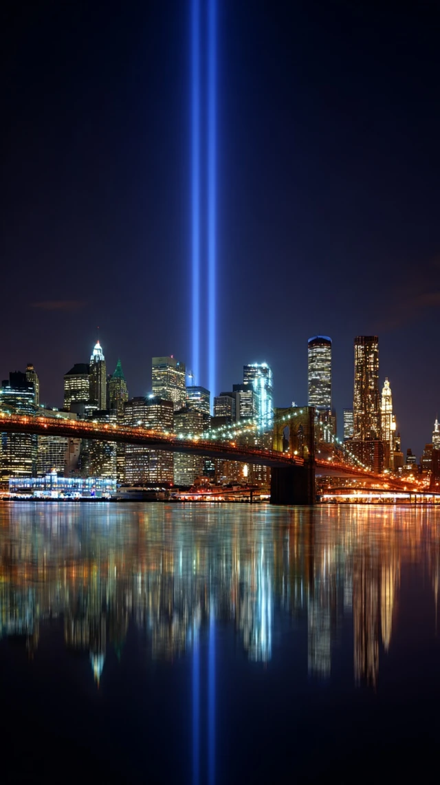 New York City Skyline at Night Brooklyn Bridge Memorial