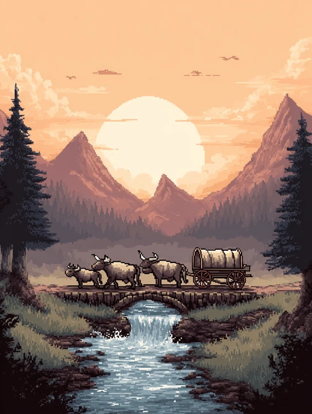 Pixel Art Oxen Wagon Crossing River Vintage Game