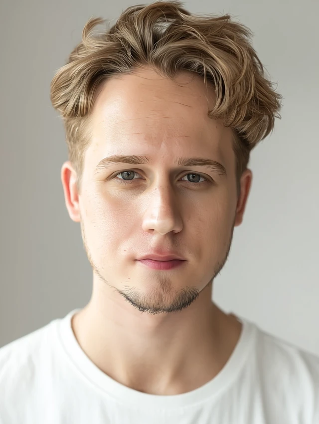 Headshot of a handsome blond man in a white tee