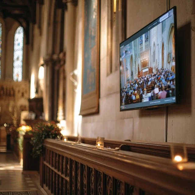 Church Interior with Modern Television