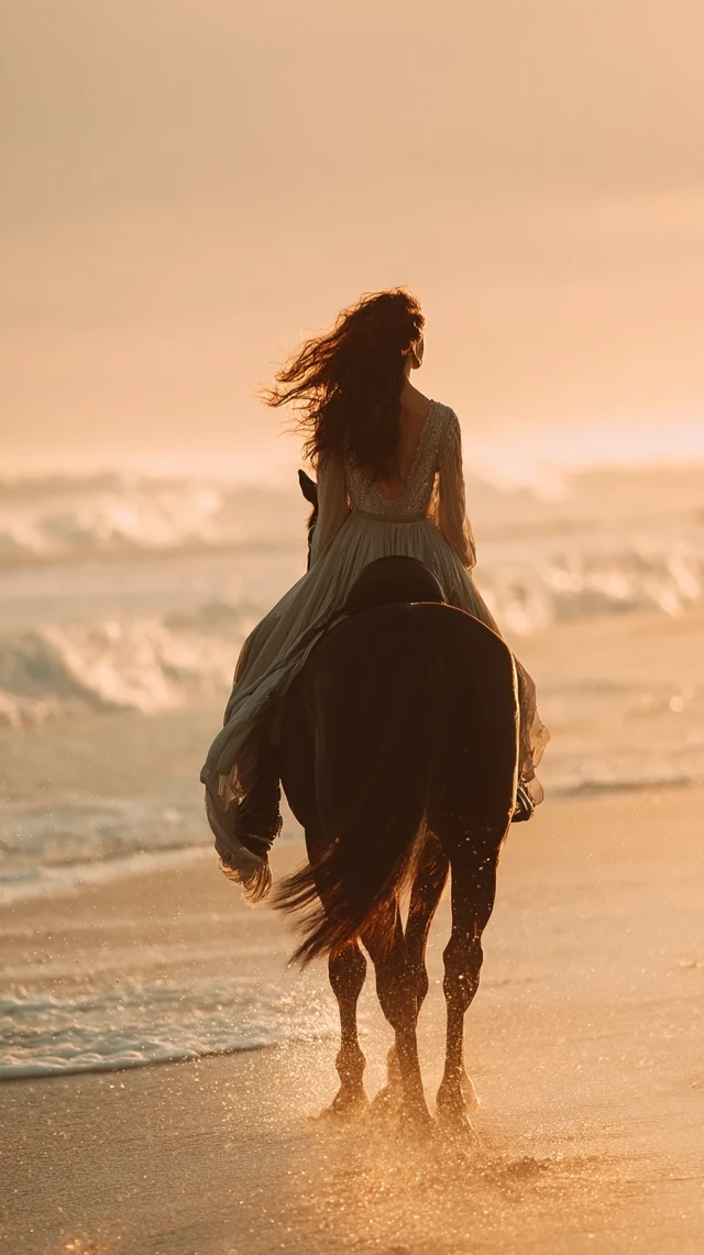Woman Riding Horse at Sunset on Beach