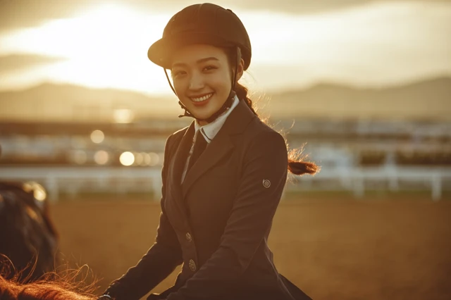 Equestrian Portrait Beautiful Chinese Girl Smiling on Horse