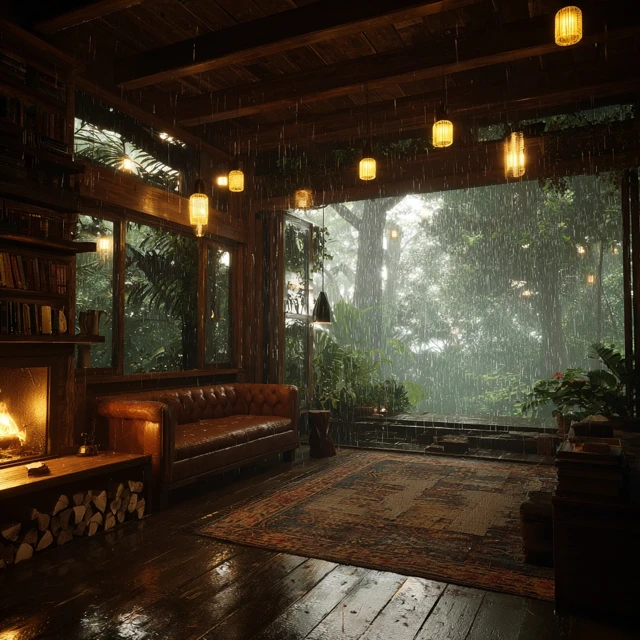 Cozy Cabin Interior Rainy Night Ambient Scene