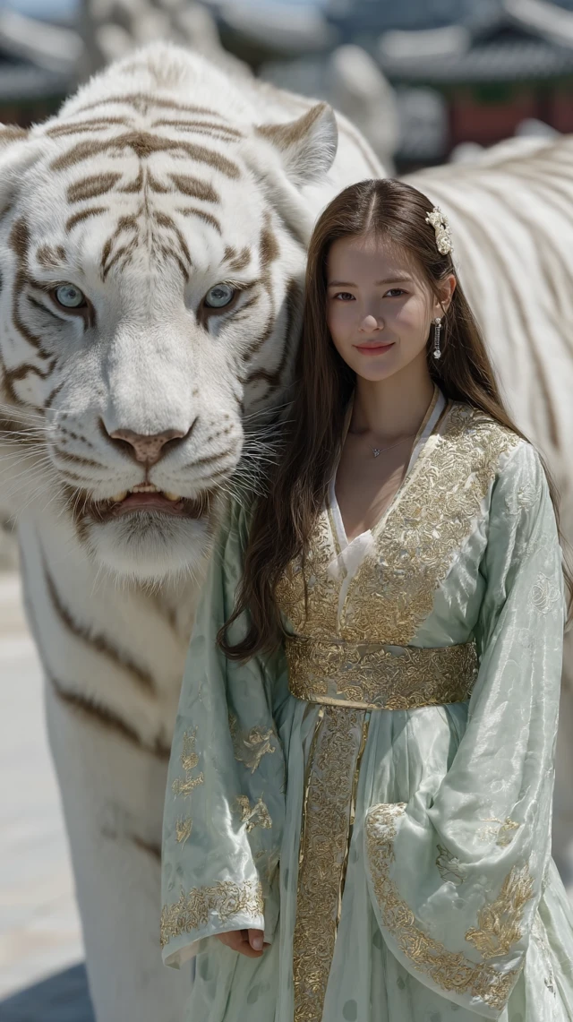 White Tiger Guardian and Korean Woman Portrait