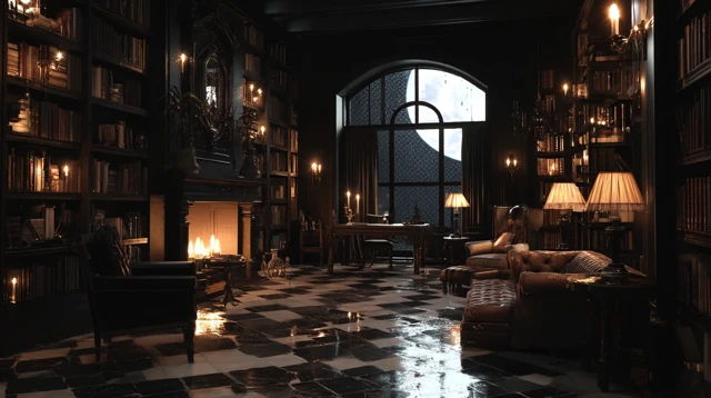Cozy Gothic Library Night Time Scene