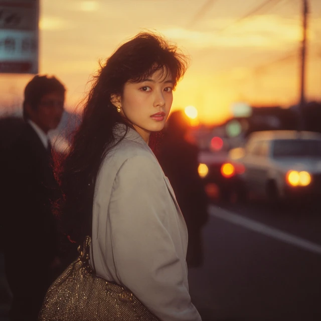 Japanese Woman in the 1990s Retro Sunset Photo