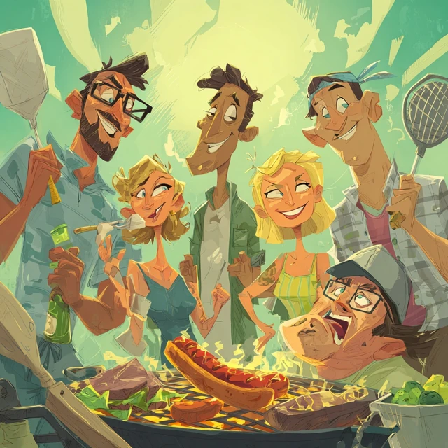 Cartoon Friends Grilling Hotdogs and Pickleball Fun