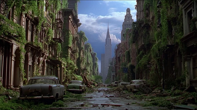 Abandoned City Overrun By Nature Retro Scene