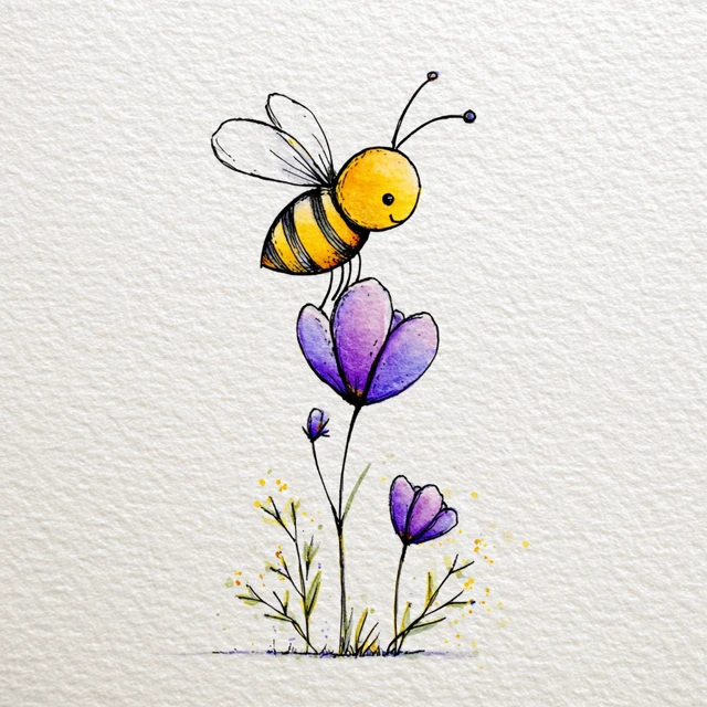 Cute Bee on Flower Childish Watercolour Illustration
