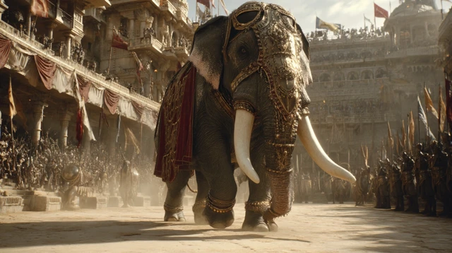 Armored War Elephant in Ancient Arena Epic Scene