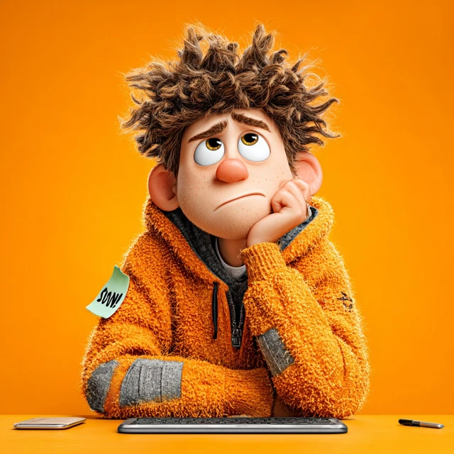 Bored Character with Computer in 3D Style