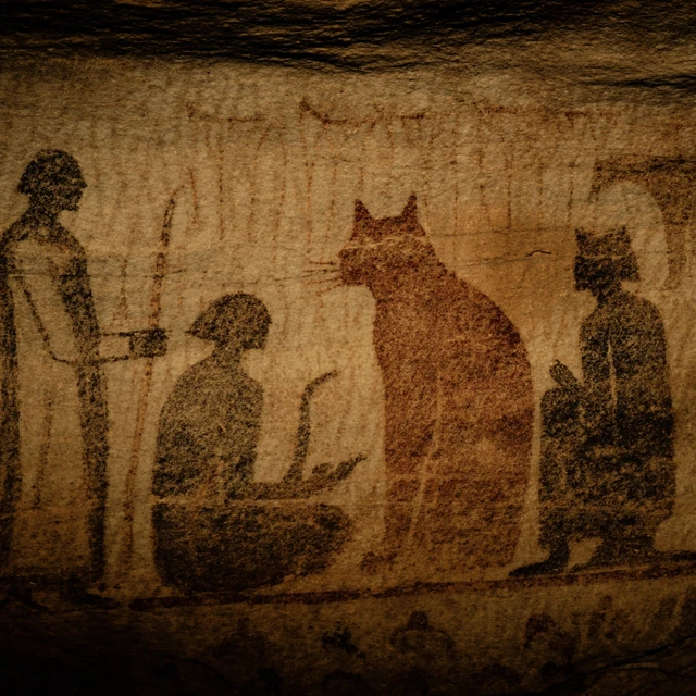 Prehistoric Cave Painting of Cat and Figures