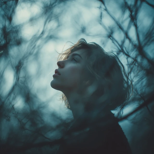 Girl Looking Up Through Trees Feeling Longing