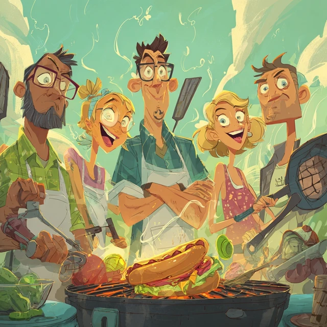 Cartoon Friends Grilling Hotdogs and Pickleball Fun