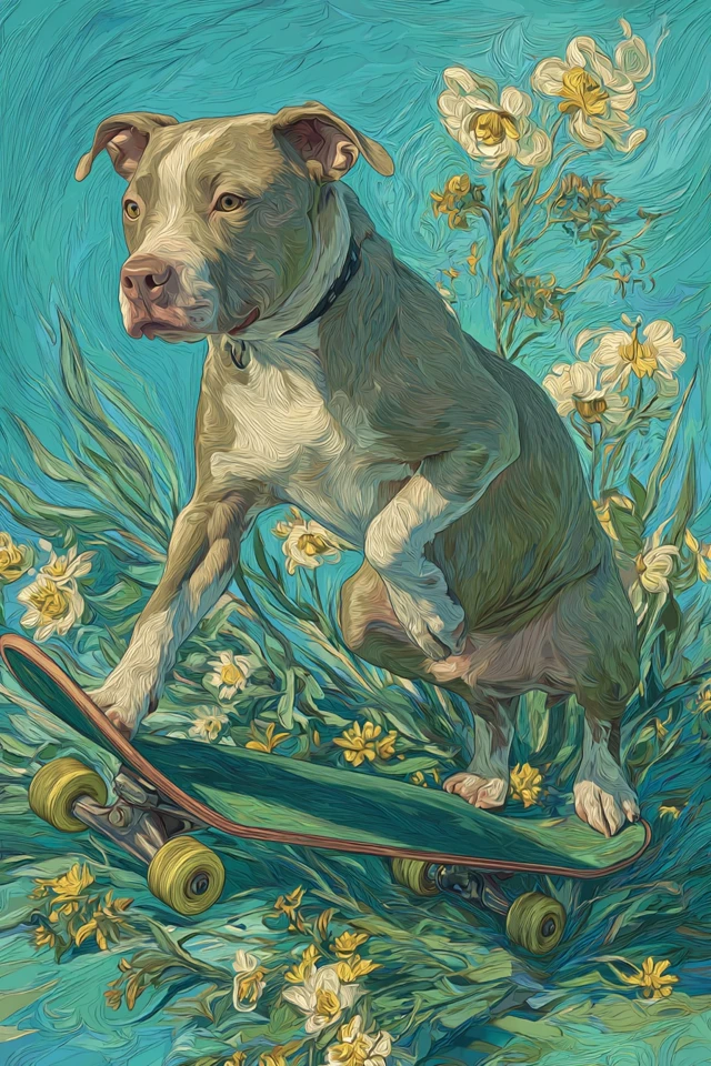 Pitbull Dog on Skateboard Van Gogh Style