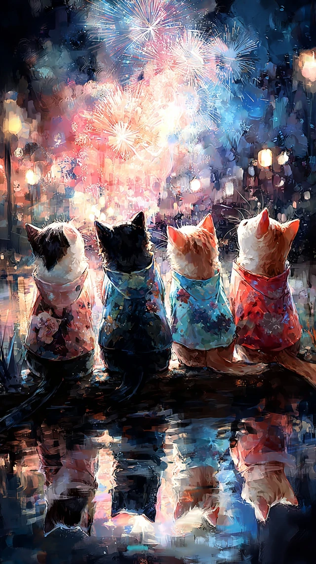 Kittens Ponchos Fireworks Japanese Summer Night