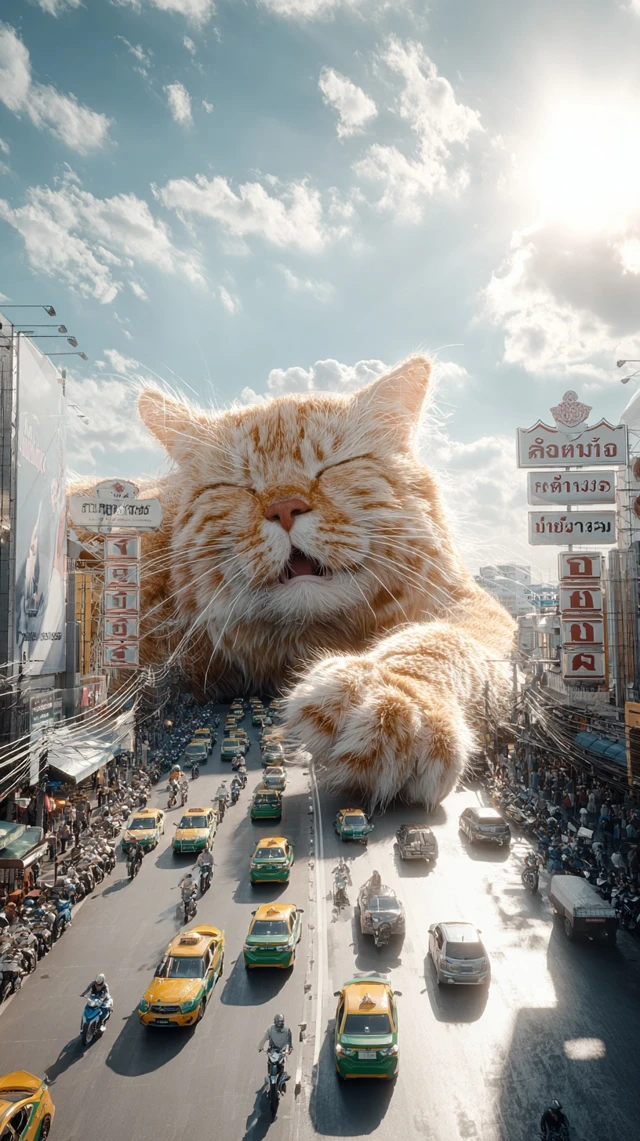 Giant Cat in Bangkok Surreal Street Scene