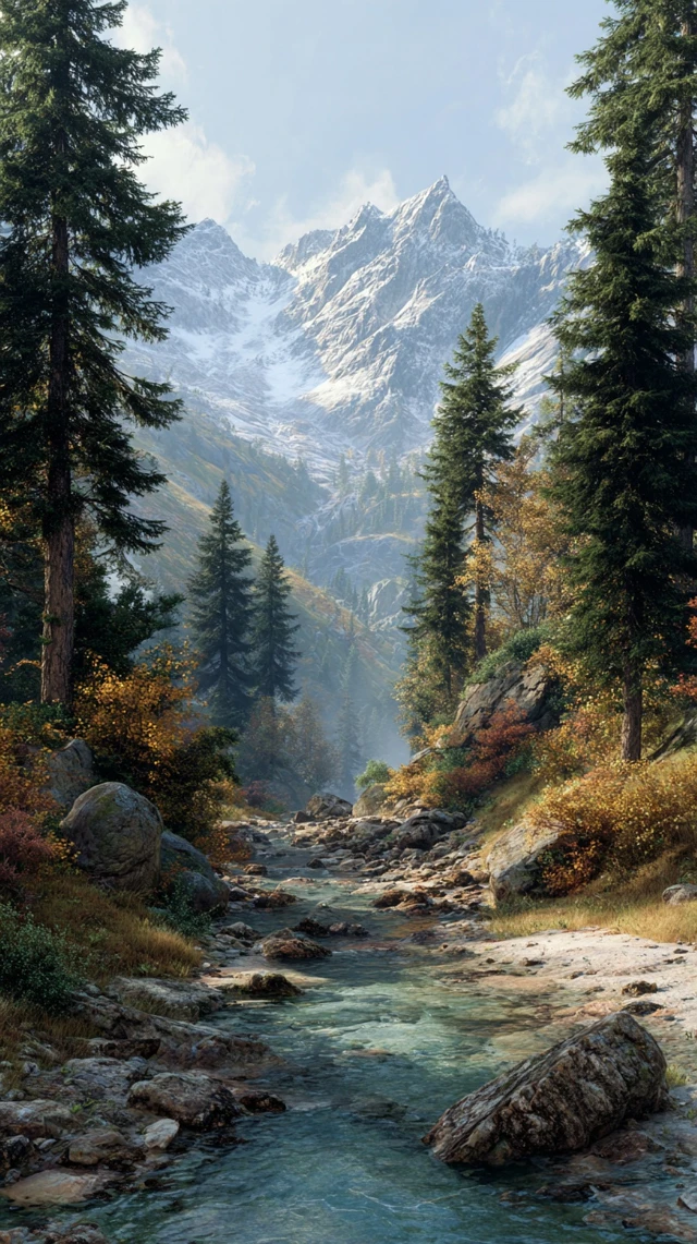Alpine Landscape River Forest Mountains Autumn