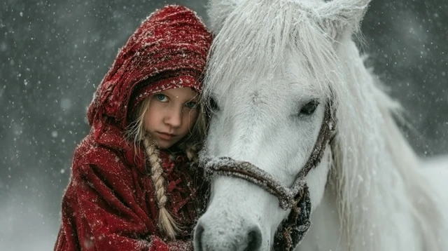 Girl in Red Coat Hugging White Horse in Winter