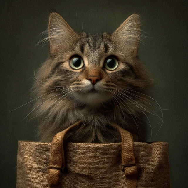 Beautiful Cat in Vintage Clothes with a Bag