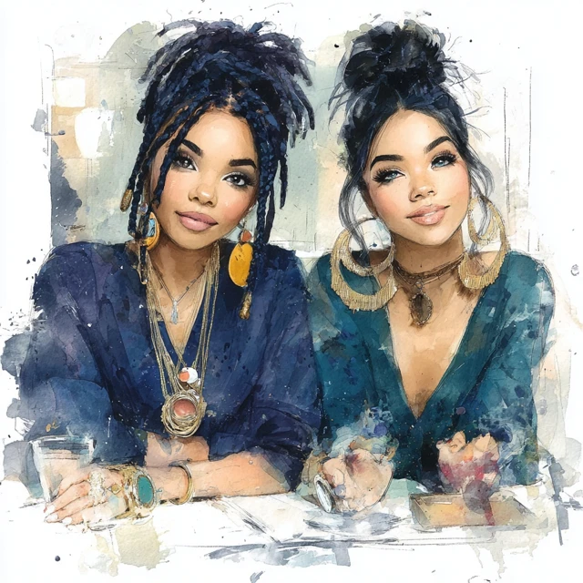Watercolor Portrait of Two Beautiful Women
