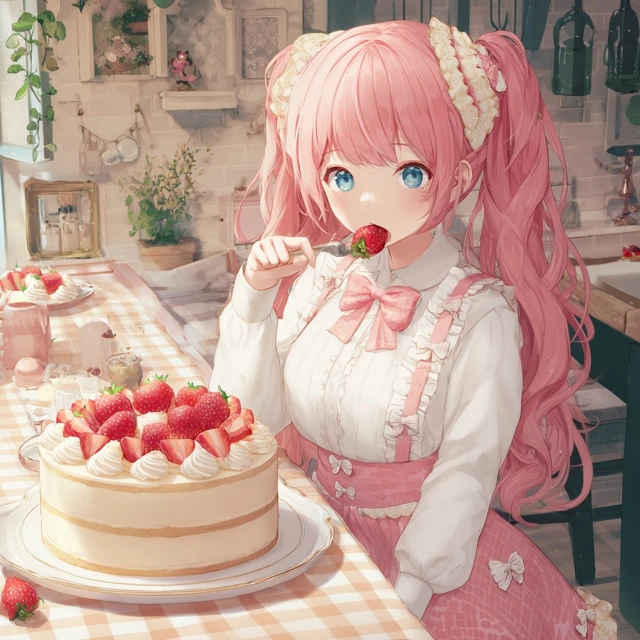 Anime Girl with Pink Hair and Strawberry Cake