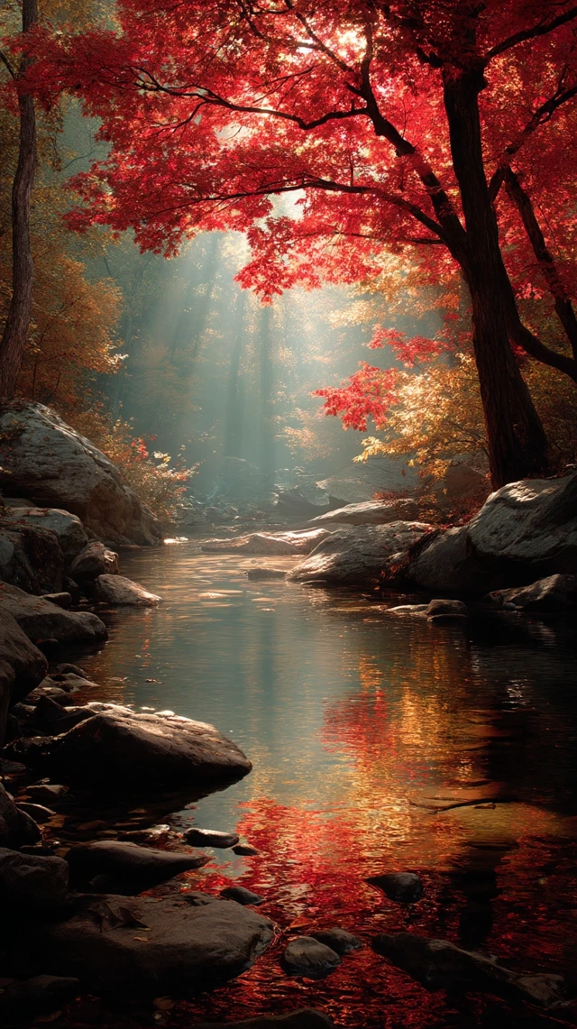 Autumn Forest Scene: Red Maple, Stream, Sunlight