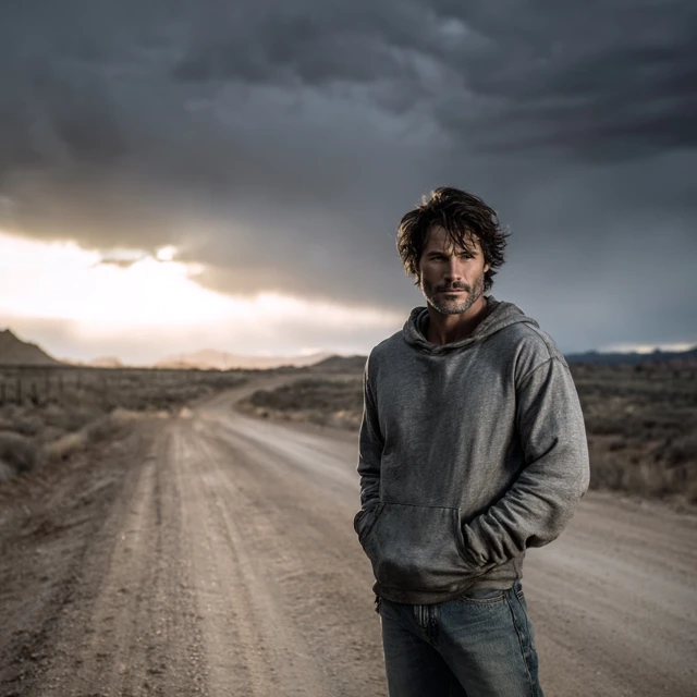 Brooding Man on Desolate Road Moody Portrait