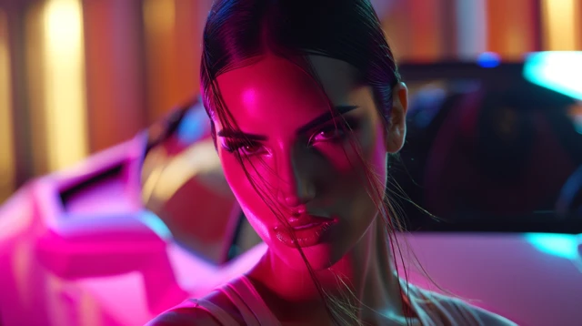 Iranian Woman in Lamborghini at Night Neon Lights