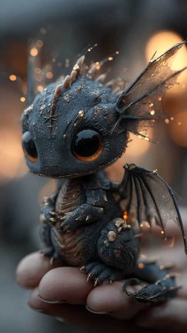 Adorable Tiny Black Dragon in Hand Fantasy Art