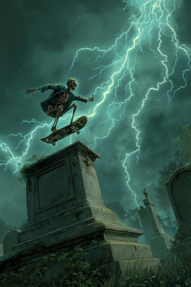 Skeleton Skateboarder Stormy Night