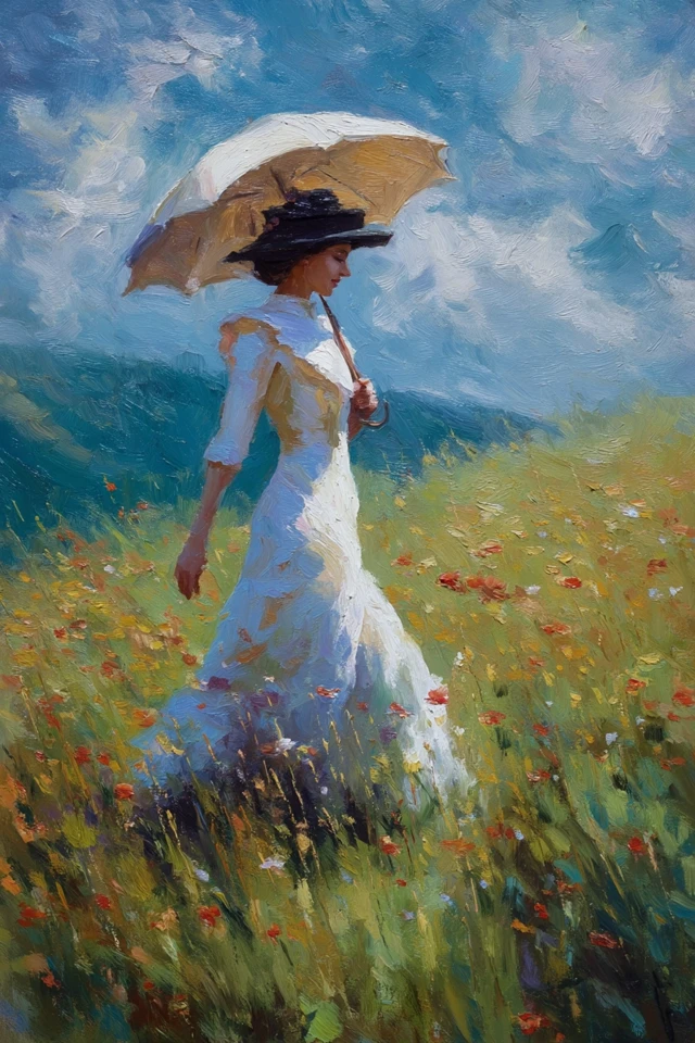 Elegant Lady in a Flower Field Oil Painting