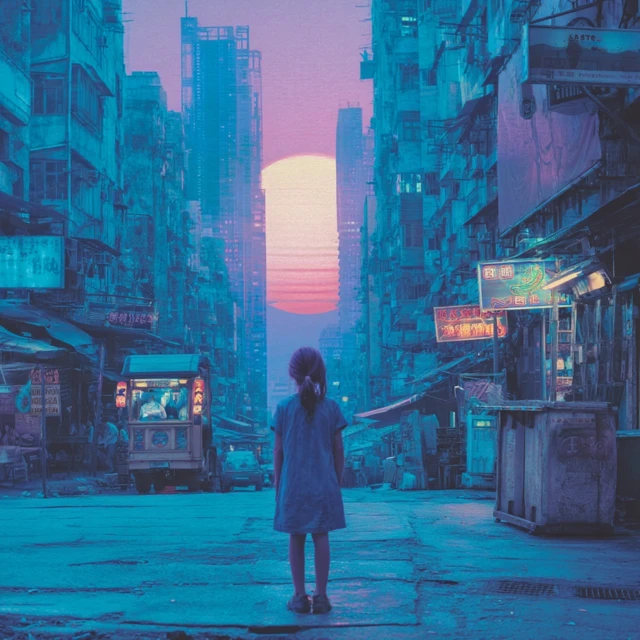 Vaporwave Girl in Futuristic City 80s Art