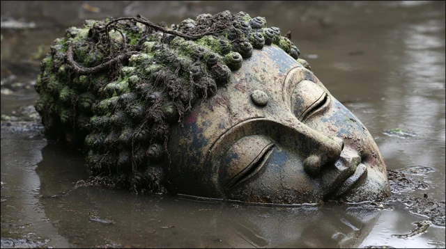 Submerged Buddha Statue Ancient Pond Stone Head