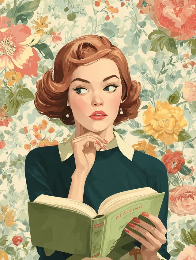 Vintage Woman Reading Book Floral Background