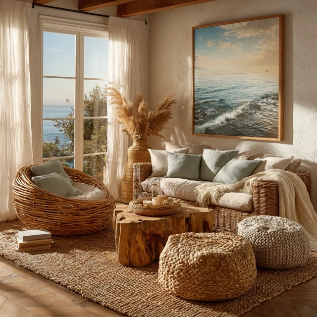 Coastal Boho Living Room Design Earthy Tones Sunlight