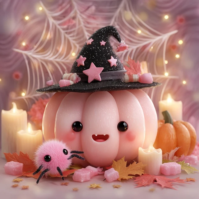 Cute Halloween Scene Pink Pumpkin Witch Hat Spider