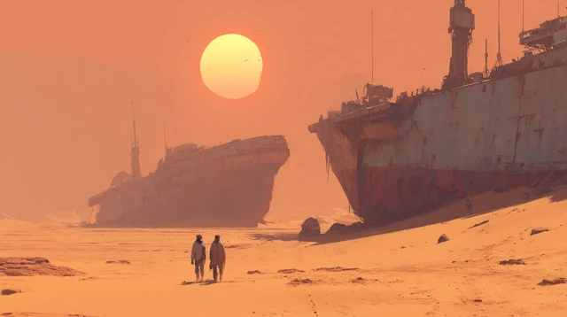 Post Apocalyptic Desert Ships Cinematic Illustration