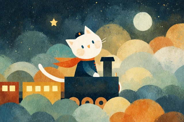 Whimsical Watercolor Train Cat Illustration
