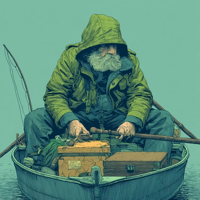 Old Fisherman in Rowboat Fishing for the Day