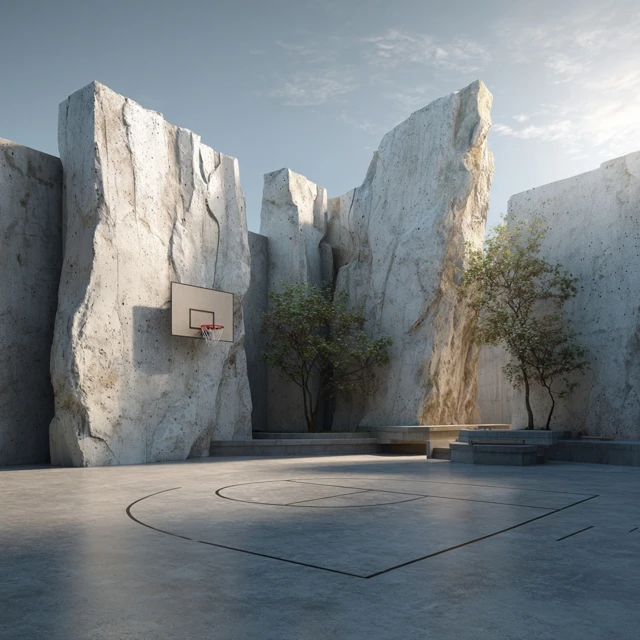 Urban Basketball Court with Rock Wall Design