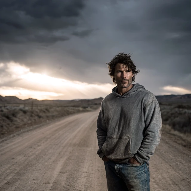 Brooding Man on Desolate Road Moody Portrait