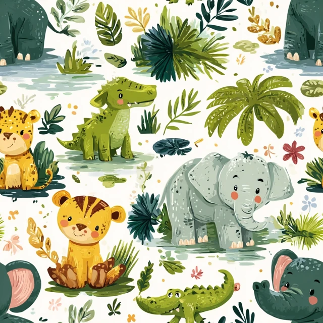 Cute Jungle Animals Seamless Pattern Wallpaper